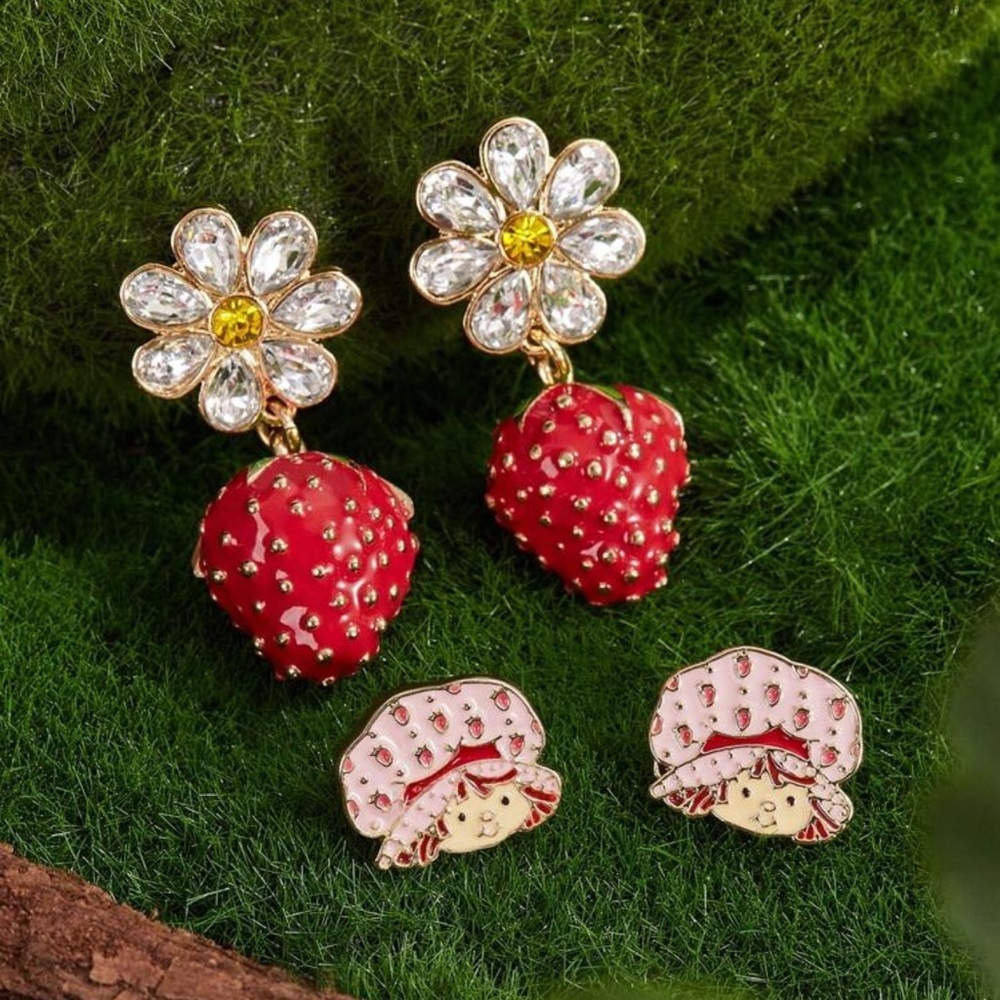 Strawberry Shortcake 2pairs Zinc Alloy Teardrop Strawberry Rhinestone Earrings